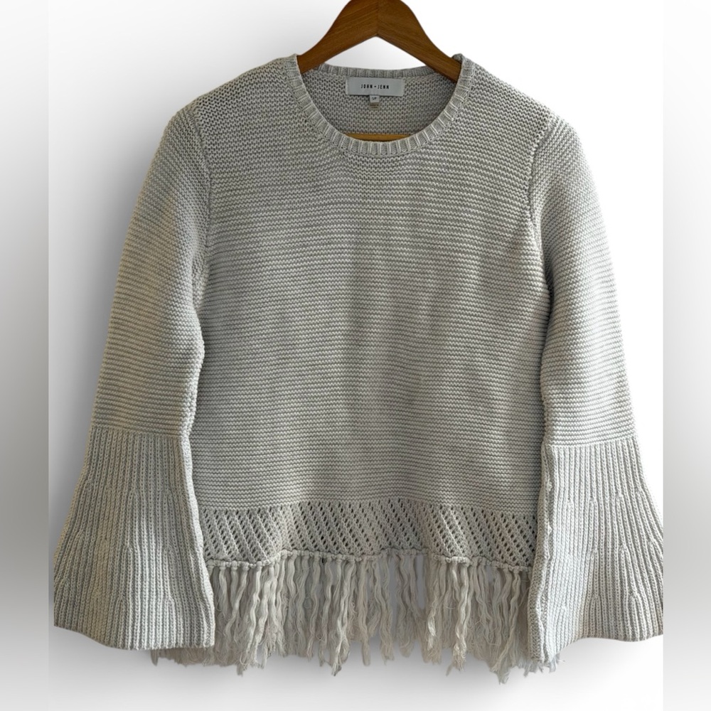 Ribbed Knit cotton sweater, Fringe hem, Boho Flare Sleeves
